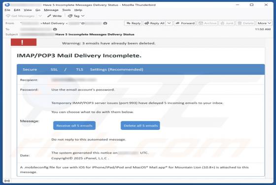IMAP/POP3 Mail Delivery Incomplete Email Scam