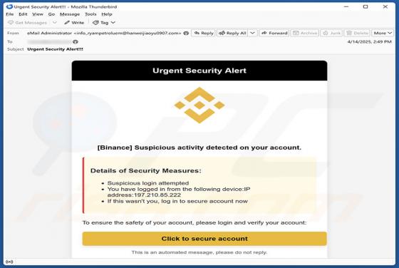 Binance - Urgent Security Alert Email Scam
