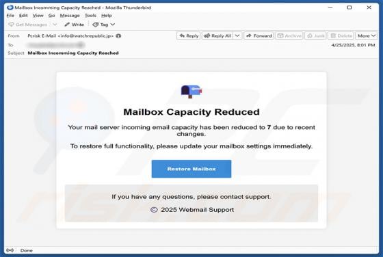 Mailbox Capacity Reduced Email Scam