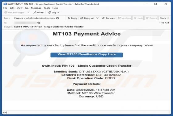 MT103 Payment Advice Email Scam
