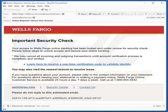 Wells Fargo - Important Security Check Email Scam