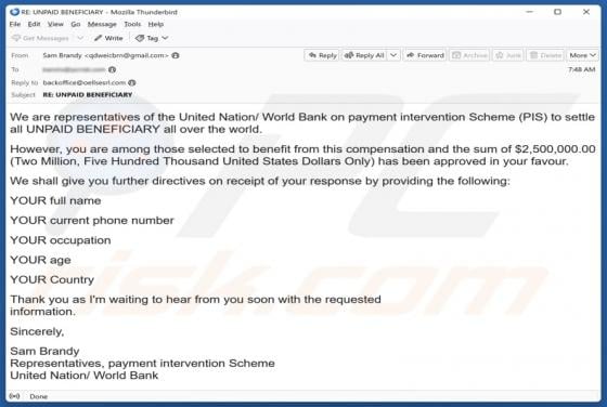United Nation/World Bank - Unpaid Beneficiary Email Scam