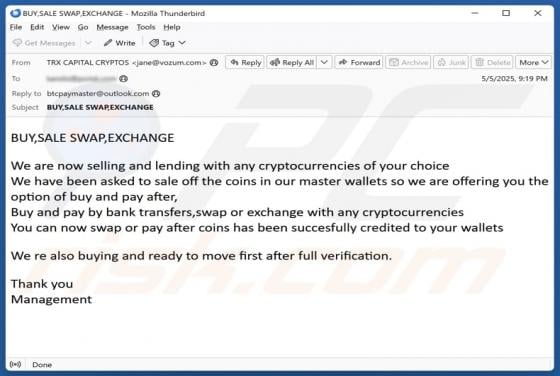 Selling And Lending Cryptocurrencies Email Scam