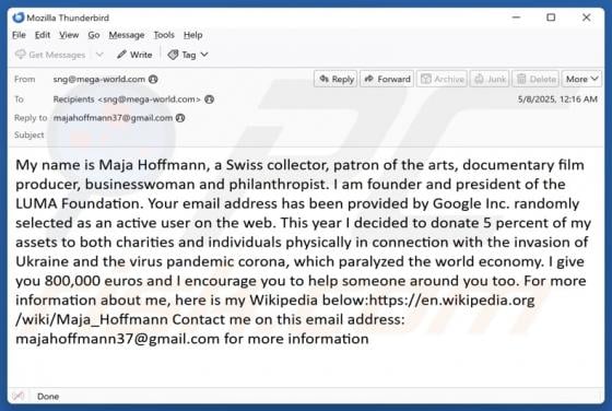 Maja Hoffmann Donation Email Scam