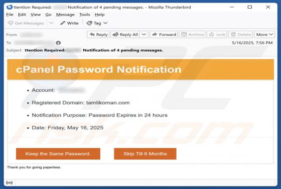 cPanel Password Notification Email Scam