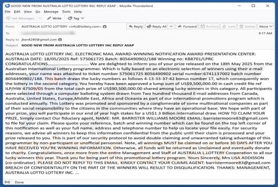 Australia Lottery Email Scam