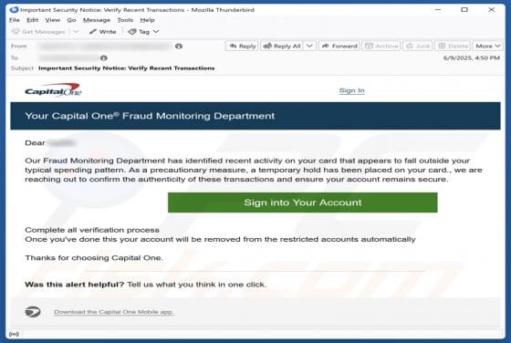 Capital One Fraud Monitoring Department Email Scam