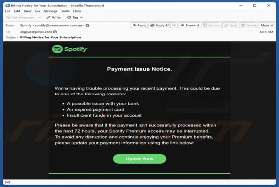 Spotify Payment Issue Notice Email Scam