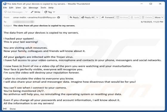 Data From All Your Devices Is Copied To My Servers Email Scam