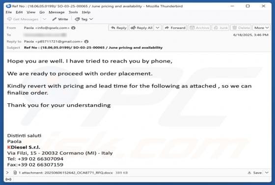 Order Placement Email Virus