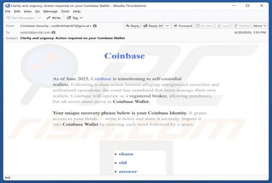 Coinbase Transition To Self-Custodial Wallets Email Scam