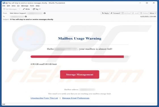 Mailbox Usage Warning Email Scam
