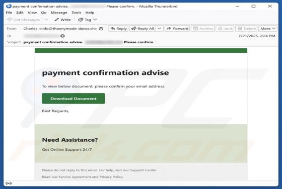 Payment Confirmation Advise Email Scam