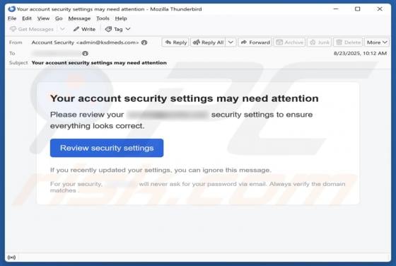 Your Account Security Settings May Need Attention Email Scam