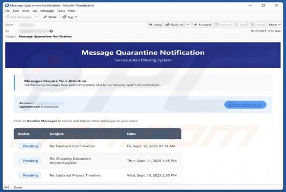 Message Quarantine Notification Email Scam