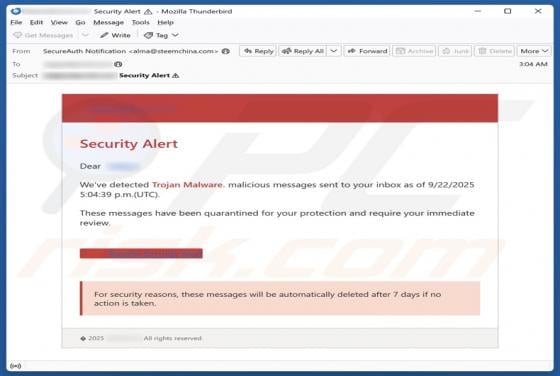 Security Alert - We've Detected Trojan Malware Email Scam