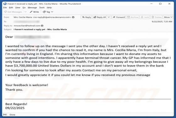 Donation To Someone With Good Intentions Email Scam