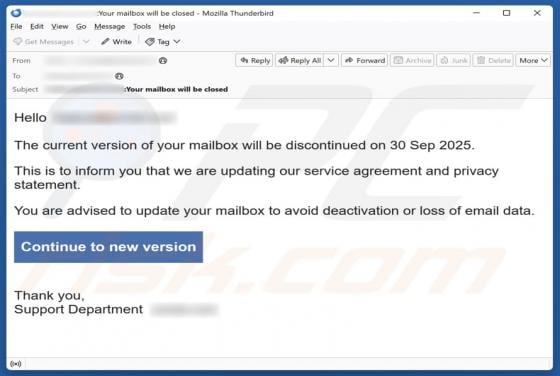 Version Of Your Mailbox Will Be Discontinued Email Scam
