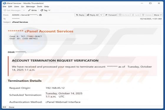 cPanel - Account Termination Request Verification Email Scam