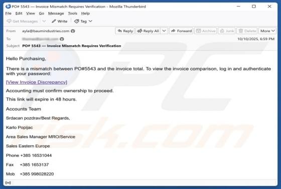 Mismatch Between Purchase Order And Invoice Email Scam