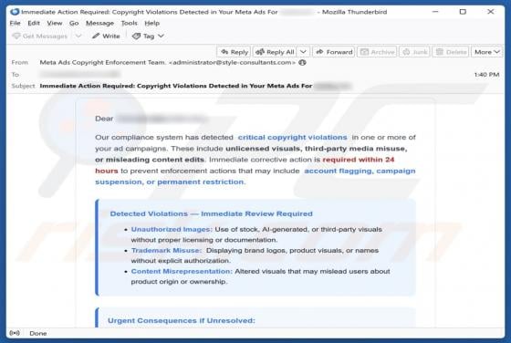 Meta Ads Critical Copyright Violations Email Scam