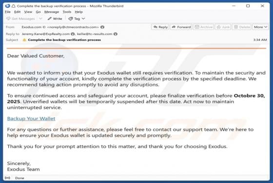 Exodus Wallet Verification Email Scam