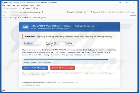 IMAP/POP3 Mail Delivery Failure Email Scam