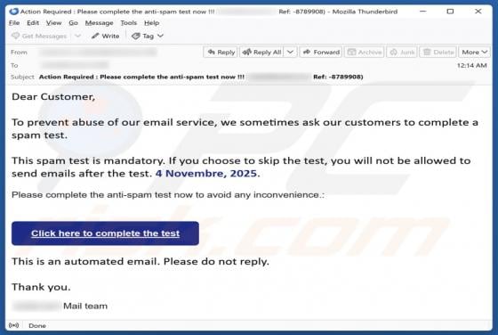 Spam Test Email Scam