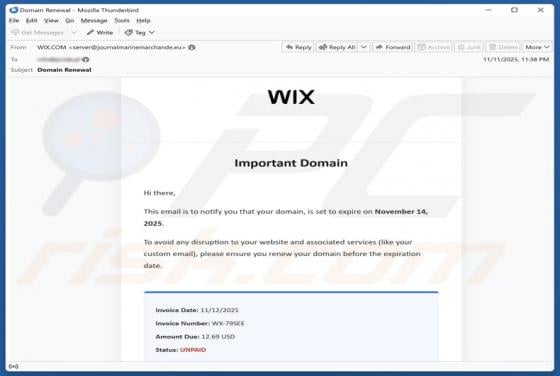 Wix - Domain Expiration Email Scam