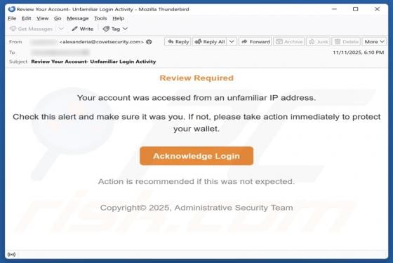 Account Accessed From An Unfamiliar IP Address Email Scam