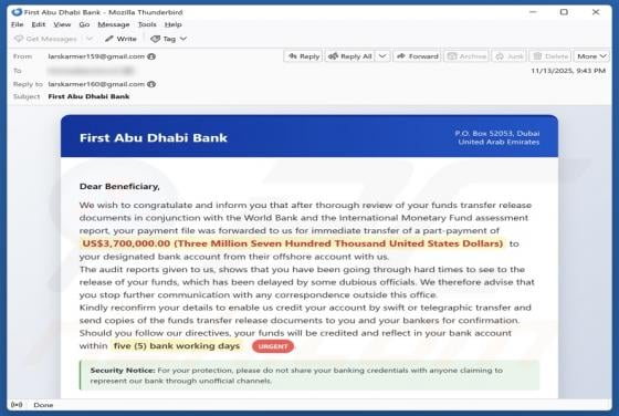 First Abu Dhabi Bank - Funds Transfer Documents Email Scam