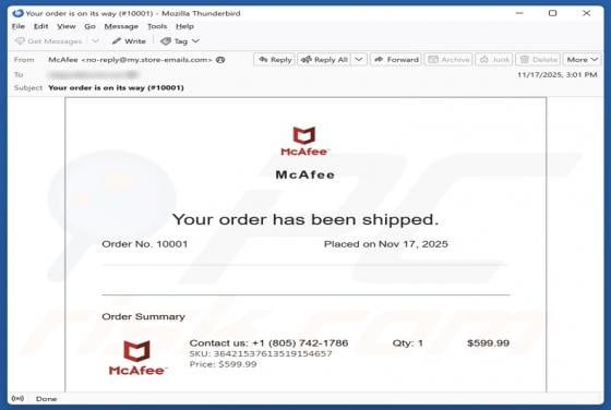 McAfee - Your Order Has Been Shipped Email Scam