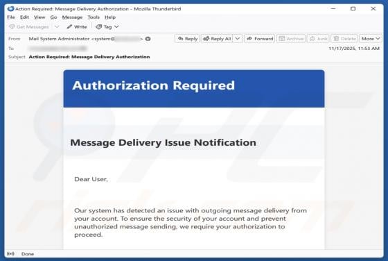 Authorization Required - Message Delivery Issue Notification Email Scam