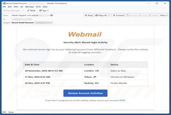 Webmail Login Activity Email Scam