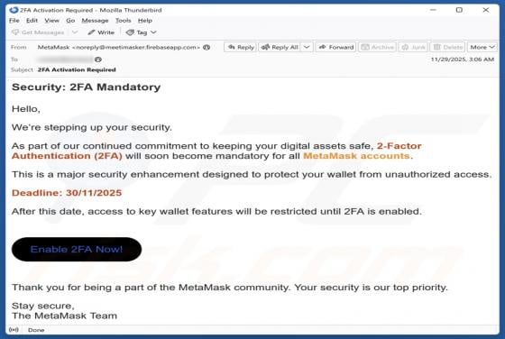 MetaMask 2FA Activation Email Scam