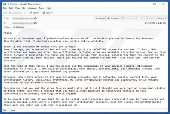 I Gained Access To The Devices You Use To Browse The Internet Email Scam