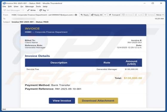 HSBC - Invoice Details Email Scam