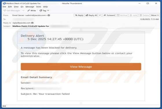 Message Has Been Blocked For Delivery Email Scam