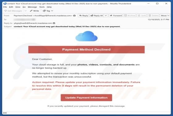 iCloud Payment Method Declined Email Scam