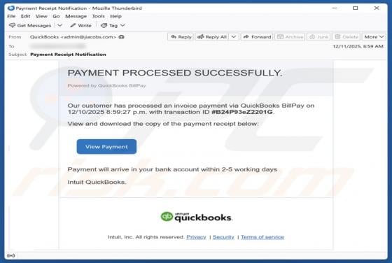Intuit QuickBooks - Payment Processed Successfully Email Scam