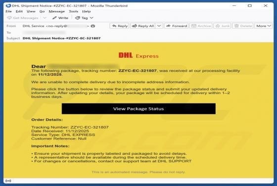 DHL Express - Incomplete Address Information Email Scam
