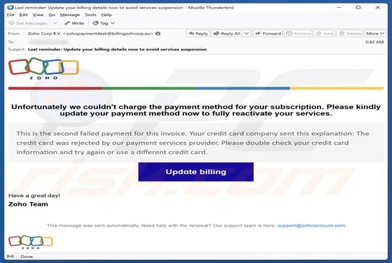 Zoho - Update Your Payment Method Email Scam