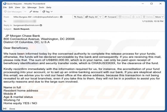JP Morgan Chase Fund Release Email Scam