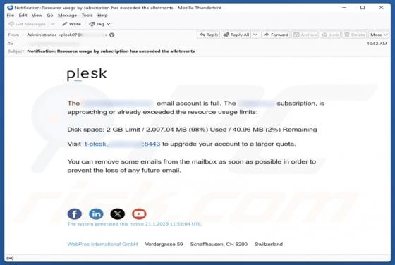 Plesk - Resource Usage Limits Email Scam