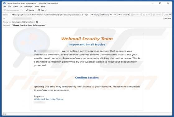 Webmail Security Team - Important Email Notice Scam