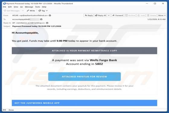 Wells Fargo - Payment Remittance Copy Email Scam