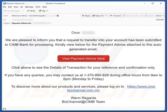 CIMB Bank - Transfer To Your Account Email Scam