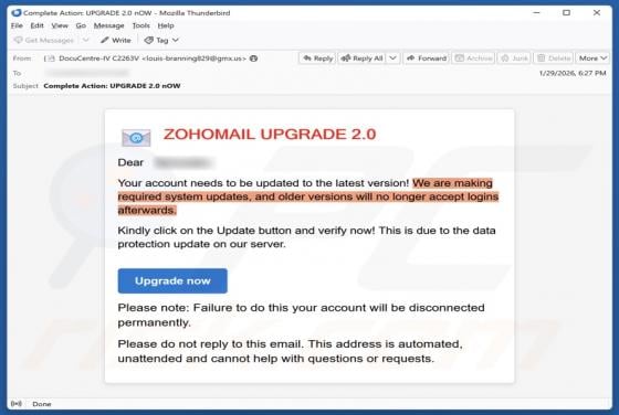 Zoho Mail Upgrade Email Scam
