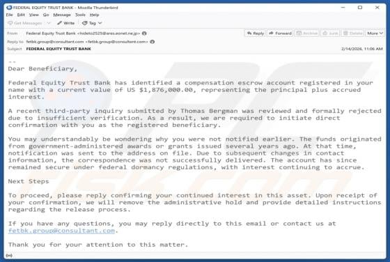 Federal Equity Trust Bank Compensation Email Scam