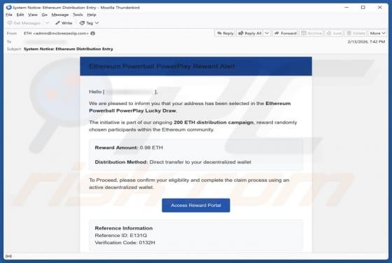 Ethereum Powerball PowerPlay Reward Email Scam